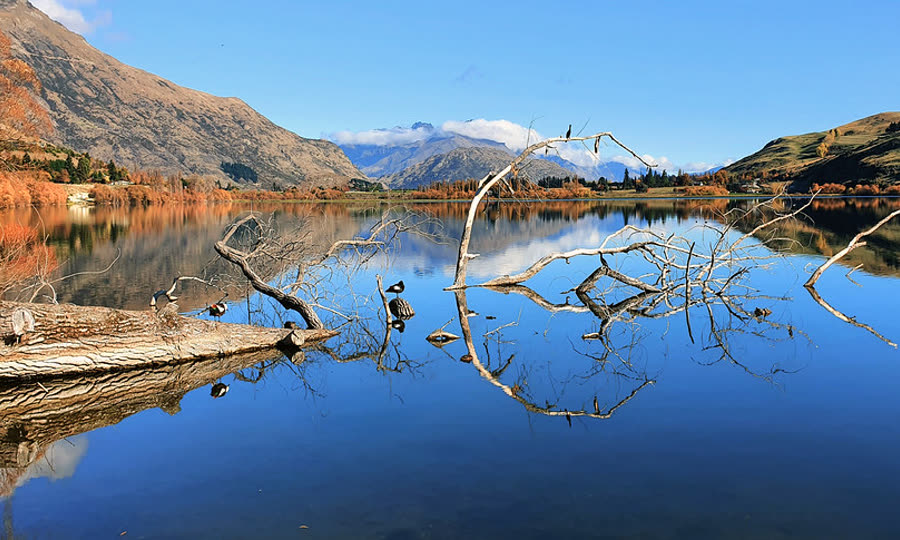 Mountains mirrored in a still lake