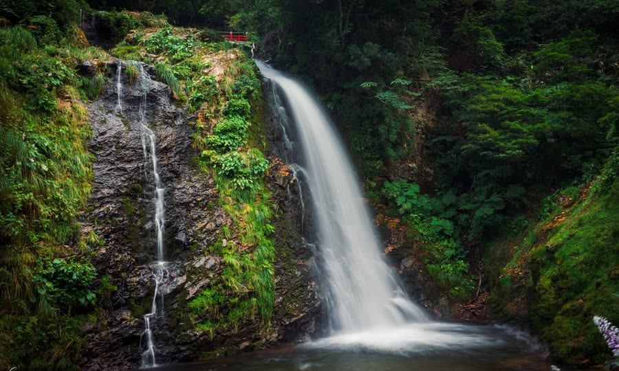 Waterfall flowing over mossy rocks